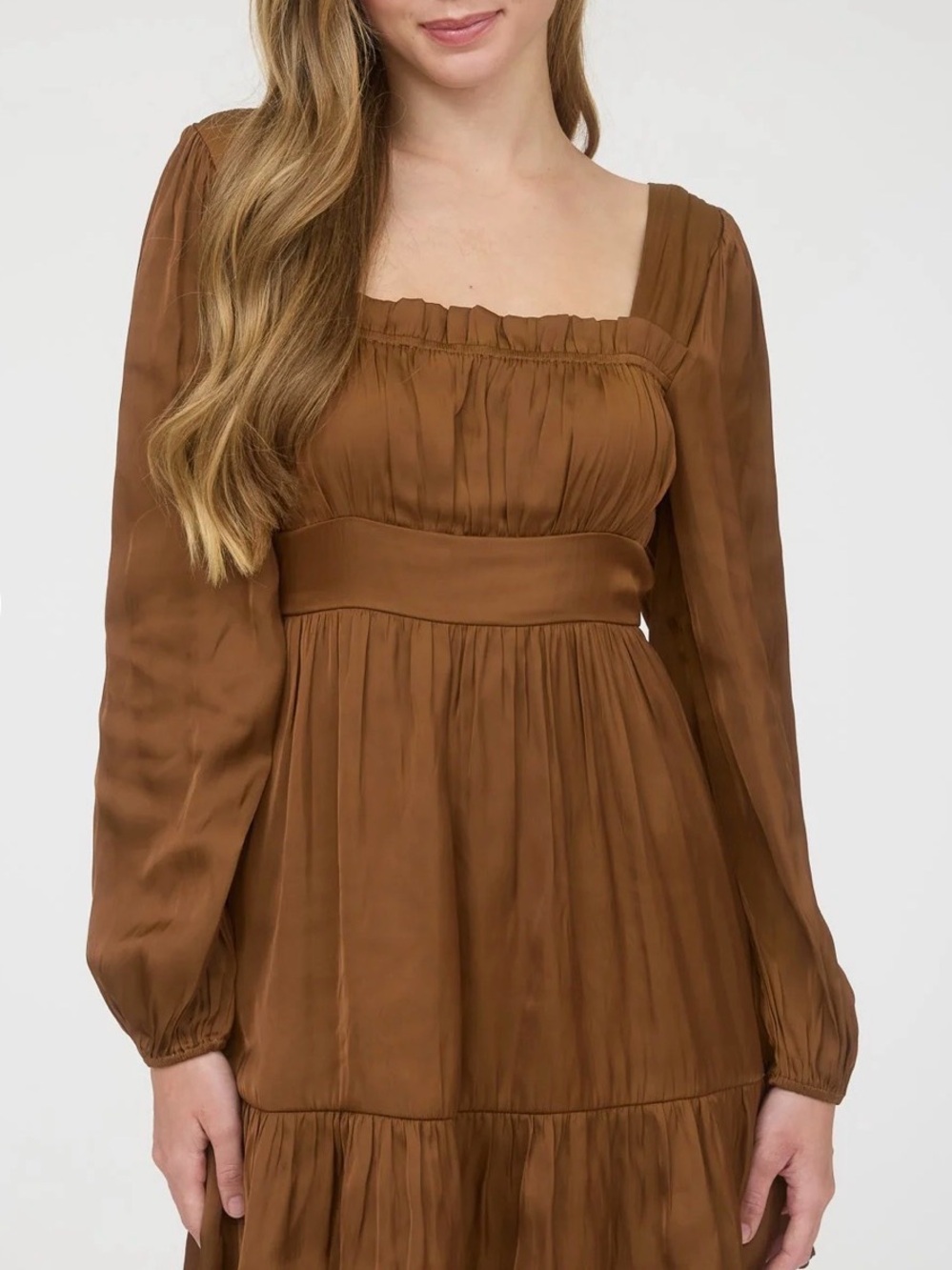 Mine Brown Satin Square-Neck Long Sleeve Ruffled Baby Doll Dress